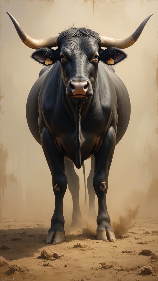 A large black bull with curved horns stands in a dusty field looking at the viewer.
