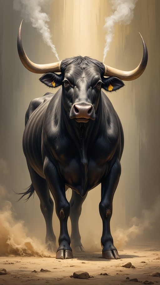 A large black bull with curved horns stands in a dusty field breathing steam while looking at the viewer.