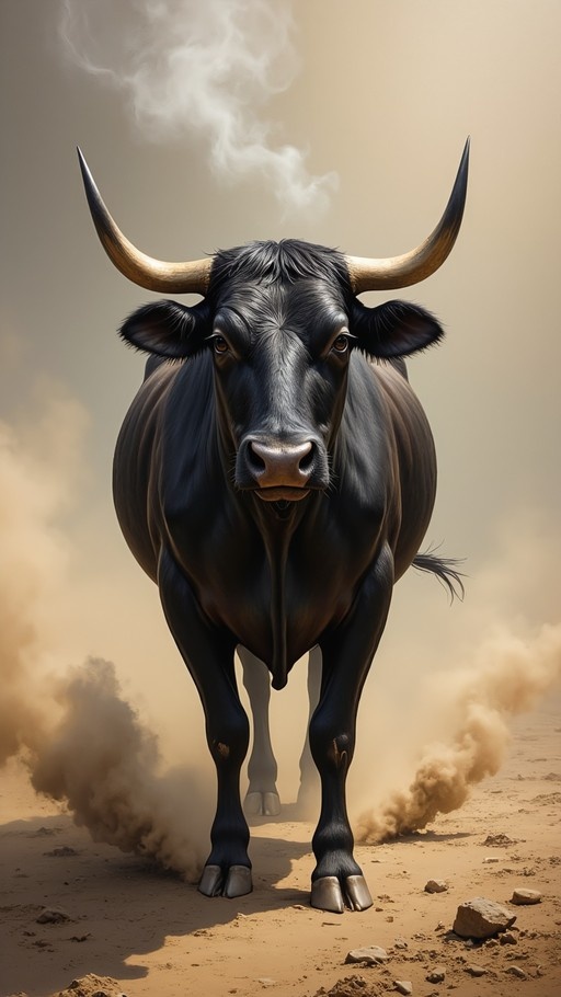 A large black bull with curved horns stands in a dusty desert landscape, facing forward with steam rising from its head.