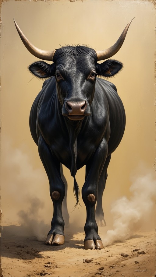 A full-body shot of a large black bull with long curved horns standing in sand and kicking up dust while looking at the camera.
