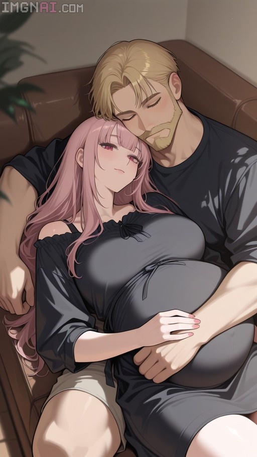 A pregnant anime woman with long pink hair and a black dress lies on a brown couch while a blonde bearded man in a dark shirt embraces her from behind.