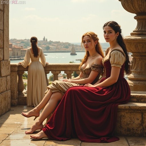 Three women in historical red and gold gowns sitting on a stone balcony overlooking a river and city skyline.
