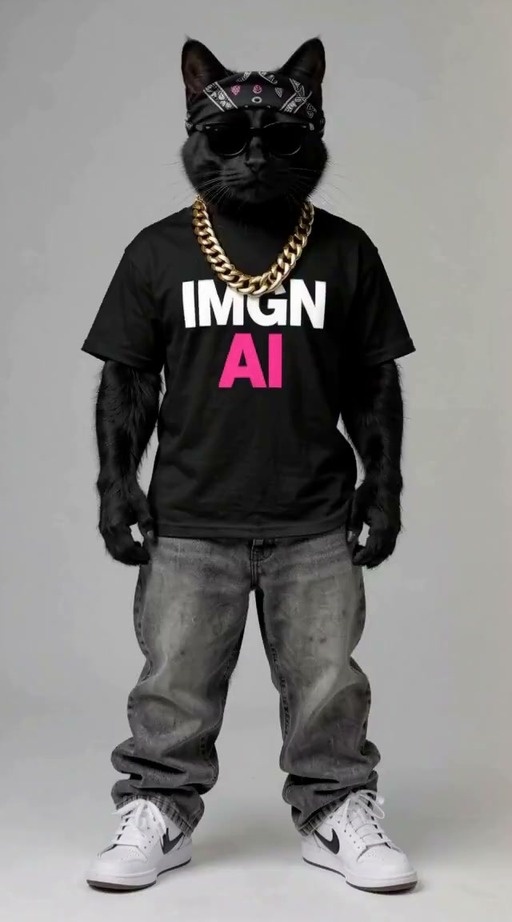 An anthropomorphic black cat wearing a bandana, sunglasses, a gold chain, a black t-shirt with pink text, grey jeans, and white sneakers dances against a plain background.