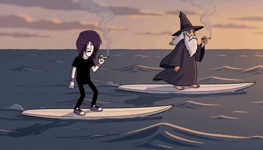 An animated scene showing Emonad and the Smoking Wizard standing on surfboards in the ocean at sunset while smoking cigarettes.