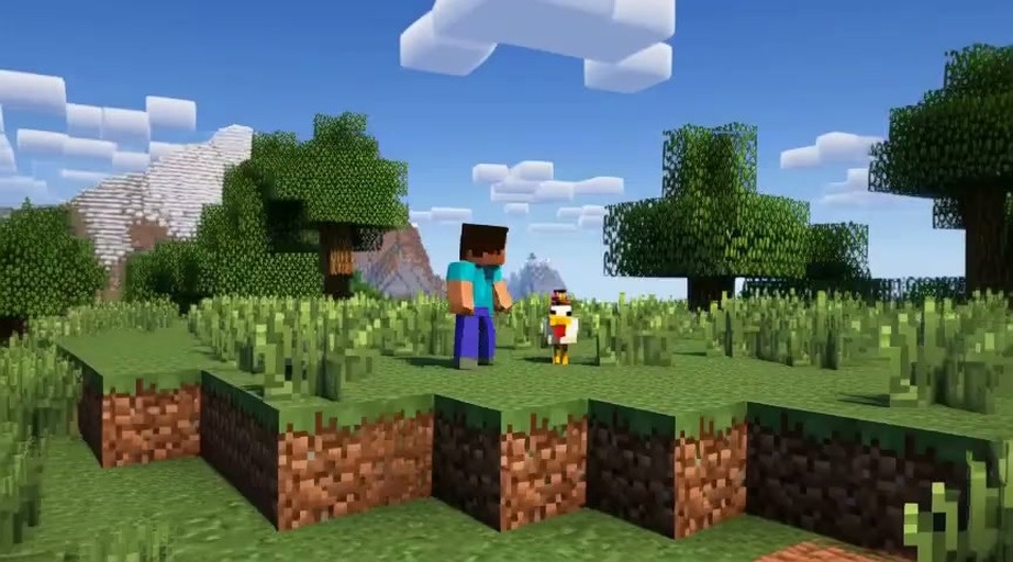 Steve stands next to a chicken jockey in a grassy field before the world explodes into particles.