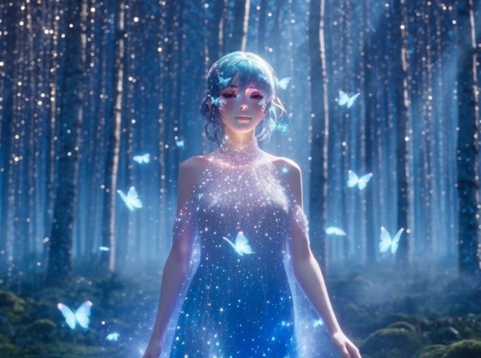 A stylized video shows a young woman extending her gloved hand upward toward red and blue butterflies floating in a softly blurred forest setting.