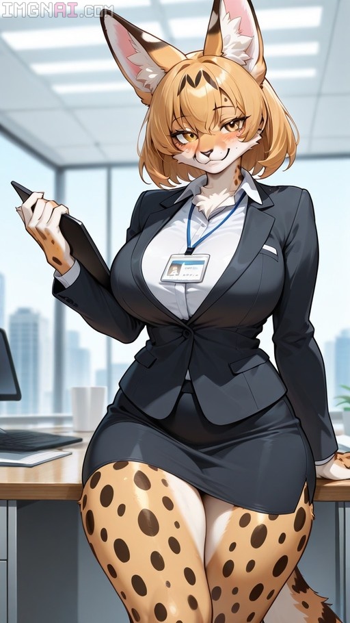 An anime-style illustration of Serval from Kemono Friends wearing a business suit and holding a tablet in an office.