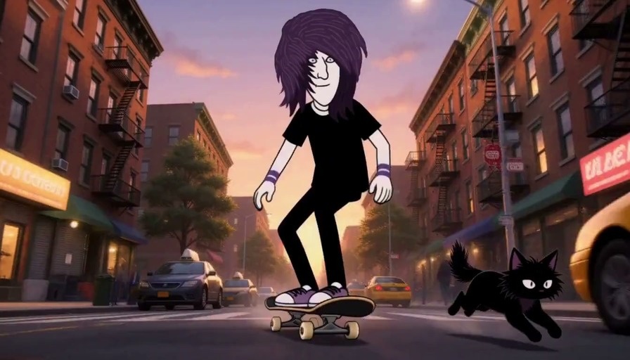 An animated character with purple hair skateboards down a city street at sunset while a black cat runs alongside him.