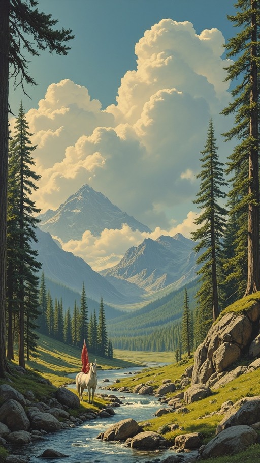 A white horse with a rider holding a tall red flag stands on the grassy bank of a river in a green valley surrounded by pine trees and mountains.