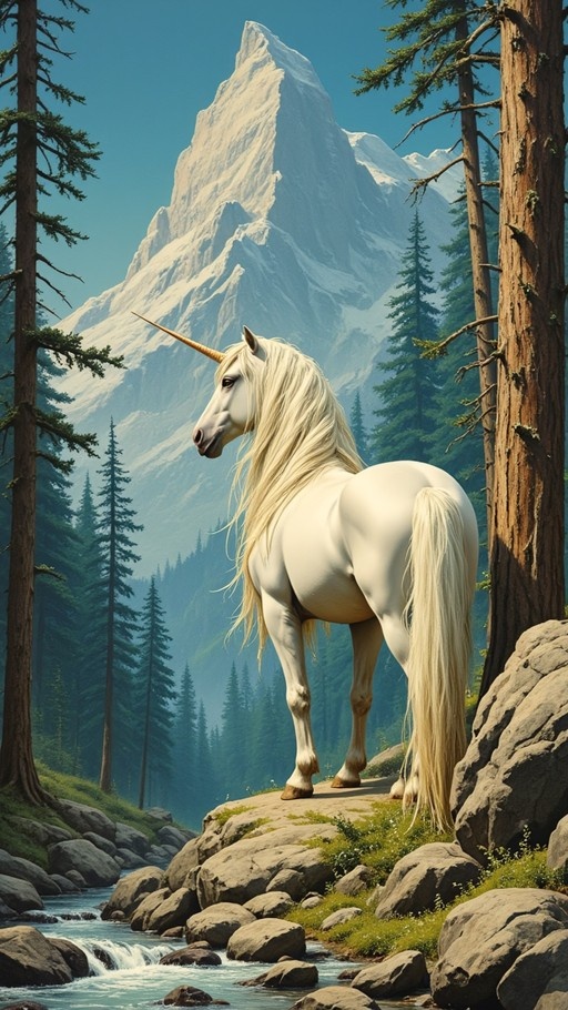 A white unicorn stands on a rocky ledge next to a flowing stream in a pine forest with a large snowy mountain in the background.