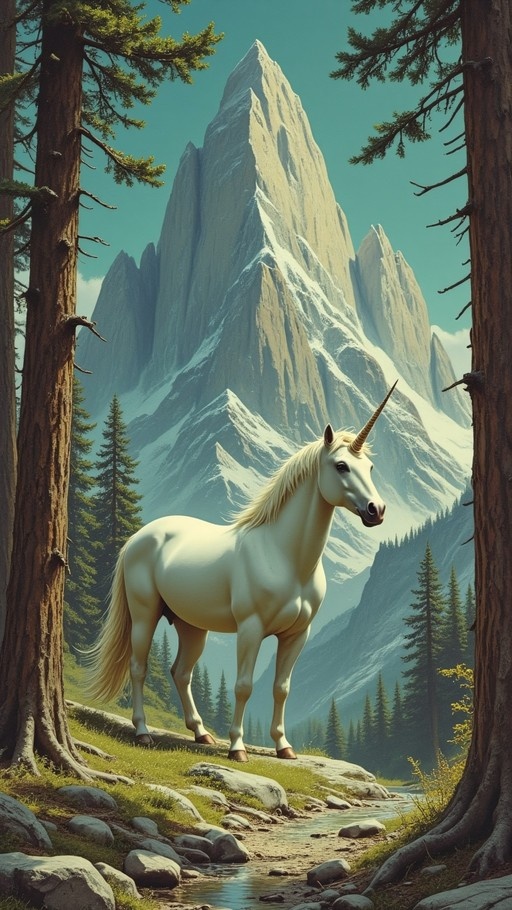 A white unicorn with a golden horn stands on a grassy slope near a stream, framed by trees with jagged snowy mountains in the background.
