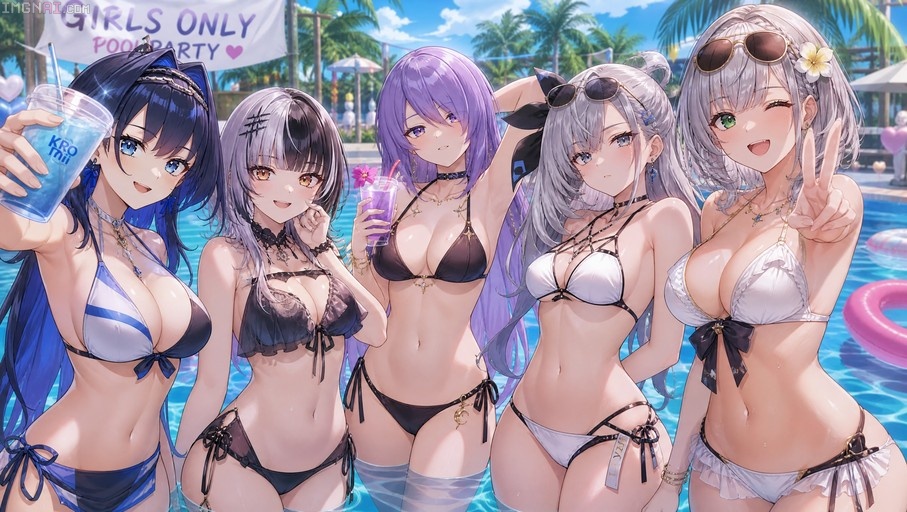 Five anime girls in bikinis posing in a swimming pool at a summer party with palm trees and a banner.