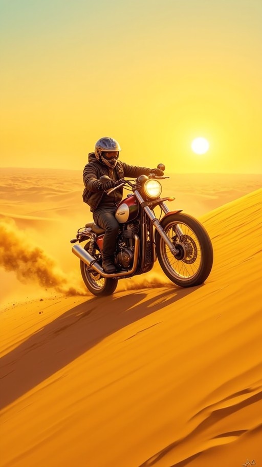 A motorcyclist in full gear rides down a golden sand dune against a bright sunset sky.