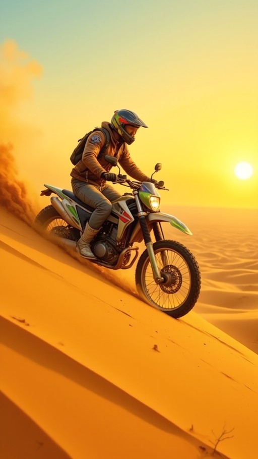 A motorcyclist rides a dirt bike down a steep sand dune with dust kicking up, set against a bright orange sunset.