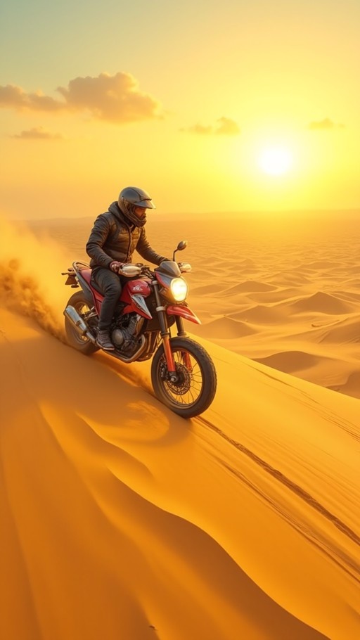 A motorcyclist rides a red motorcycle down a sand dune during sunset.