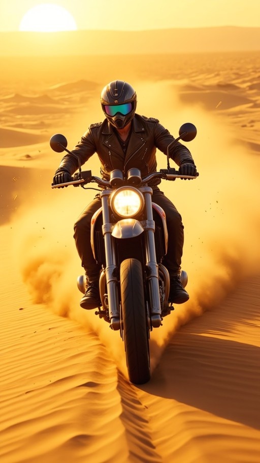 Motorcyclist in leather jacket riding through desert dunes at sunset with dust kicking up behind the bike