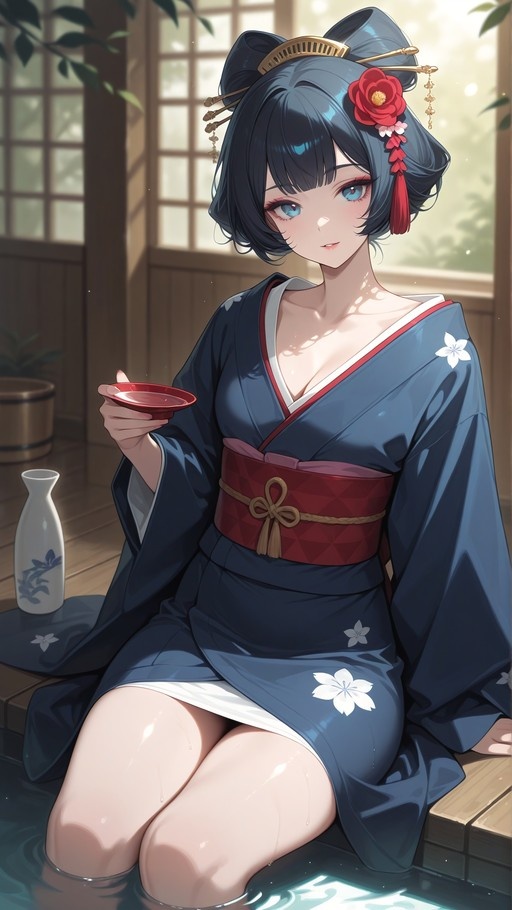 An anime girl with dark blue hair and a red flower hair ornament sits in a wooden tub soaking her feet while holding a small red sake cup. She wears a blue kimono with white floral patterns and looks directly at the viewer.