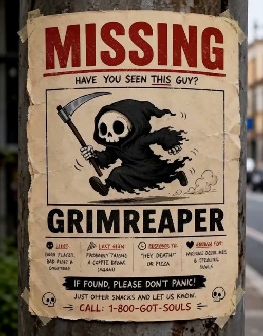 A missing poster for the Grim Reaper on a pole transitions to a person in a skeleton costume waiting by an out-of-order coffee machine while eating pizza.