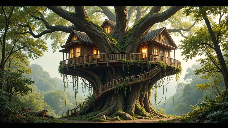 A large wooden treehouse with illuminated windows and a spiral staircase is built into a giant tree in a lush green forest.
