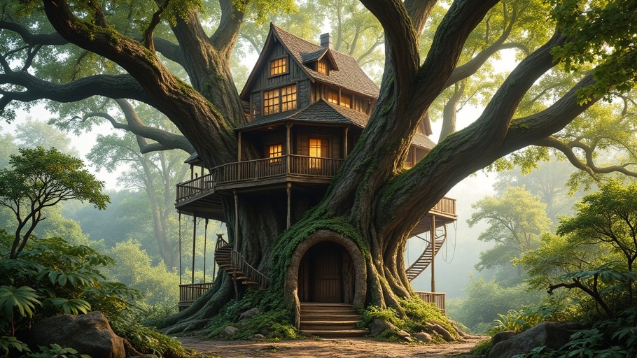 A large wooden treehouse built into a giant tree in a forest with glowing windows.