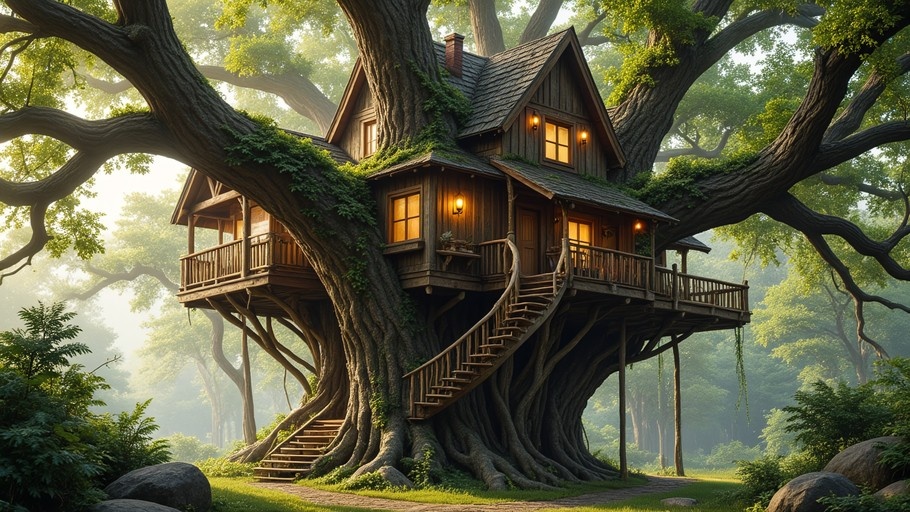 A large wooden treehouse built into a massive tree in a green forest with warm lights glowing from the windows.