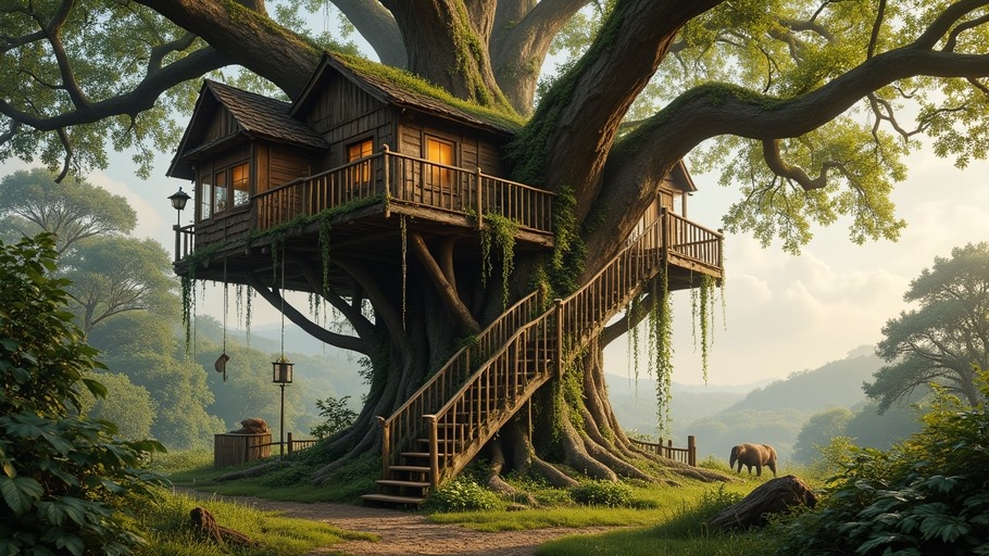 A large wooden treehouse with glowing windows and a winding staircase is built into a giant tree in a lush forest, with an elephant standing on the grassy ground nearby.