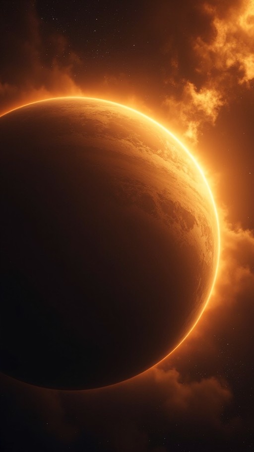 A large rocky planet with a glowing orange horizon rises above clouds against a starry night sky.