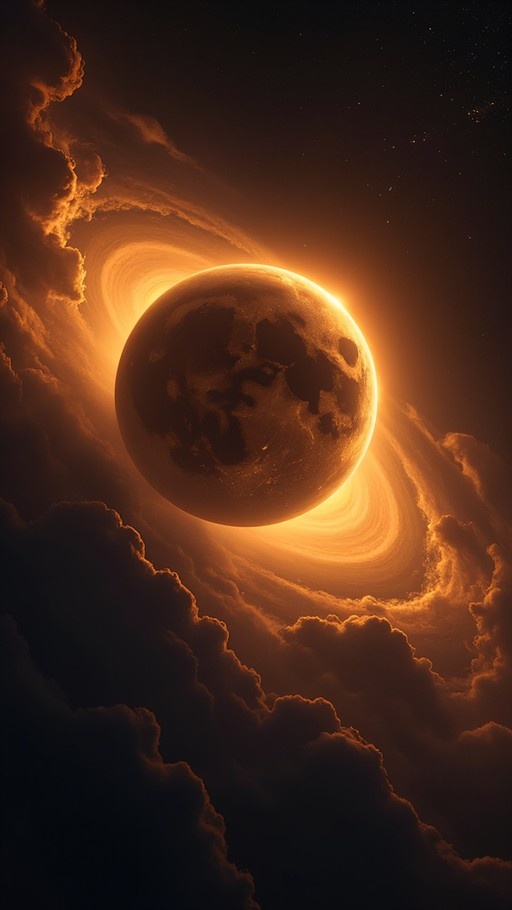 A large glowing planet or moon surrounded by swirling orange clouds in a starry night sky.