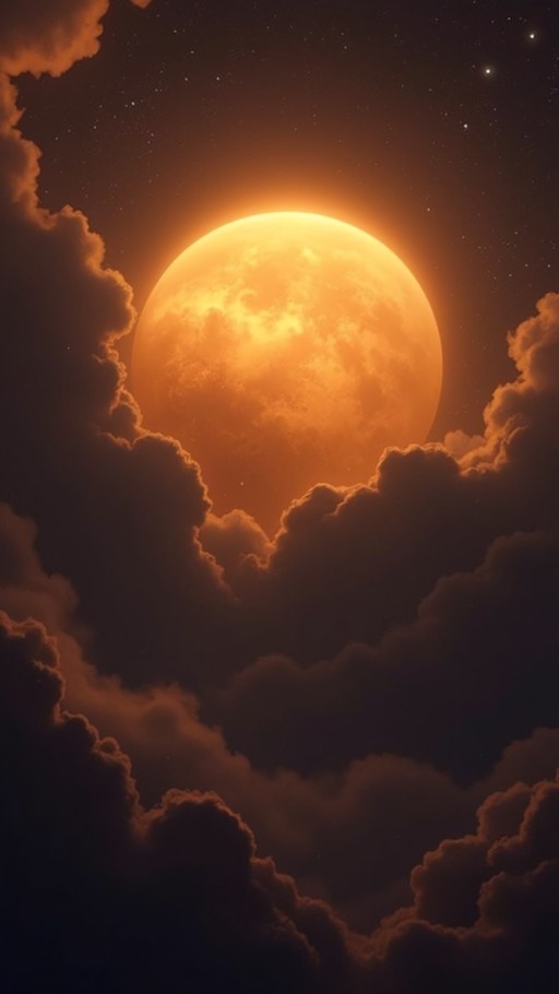A large glowing orange full moon shines brightly behind dark, billowing clouds in a starry night sky.