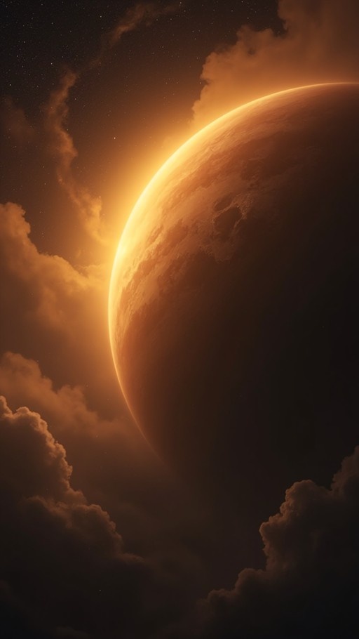 A large orange planet rises above dark clouds, its curved edge illuminated by a bright light source against a starry night sky.