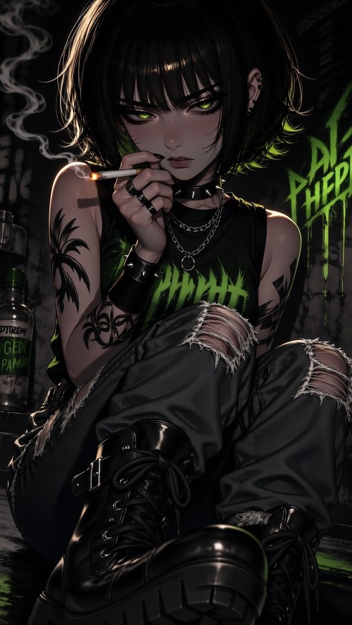 A tattooed punk girl with green eyes and short black hair sits smoking a cigarette in a dark alley with graffiti.