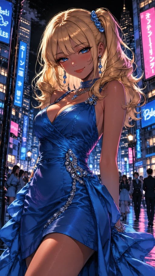 A blonde anime woman in a shimmering royal blue halter dress with gemstone details stands on a city street at night, surrounded by neon lights and skyscrapers.