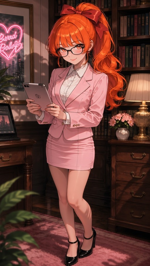 An anime woman with long orange hair and a red bow wears a pink business suit and glasses while holding a tablet in an office setting.