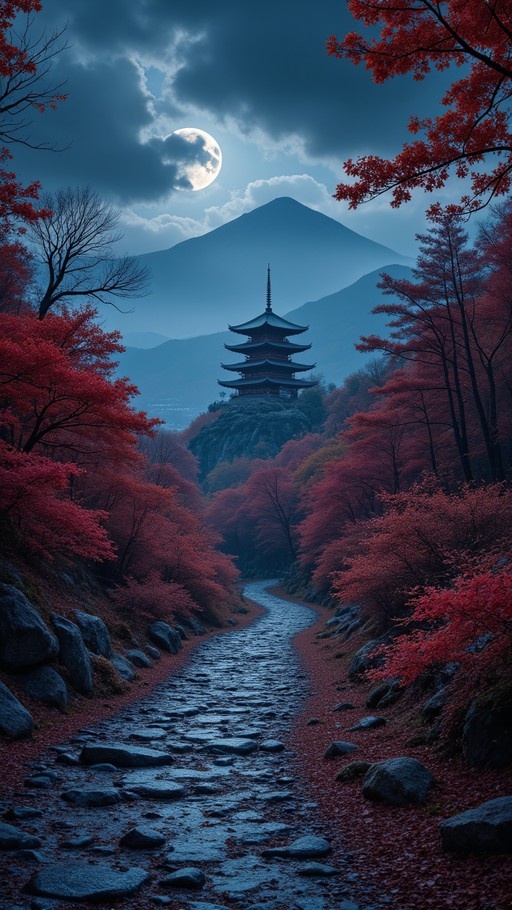 A five-story pagoda stands on a hill above a winding stone path lined with red autumn trees under a full moon and cloudy night sky.