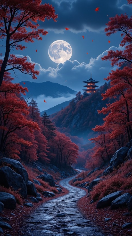 A large full moon illuminates a winding stone path through a forest of vibrant red autumn leaves, leading toward a glowing East Asian pagoda perched on a misty mountain slope.