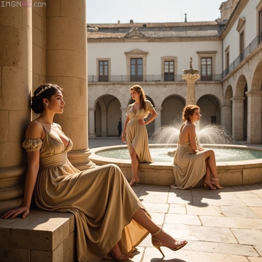 Three women in long gold dresses pose in a sunny stone courtyard with arches and a fountain.