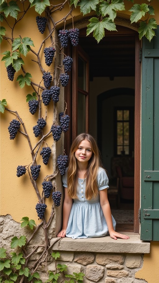 A young girl in a light blue dress sits on a stone windowsill next to a grapevine laden with dark purple grapes.