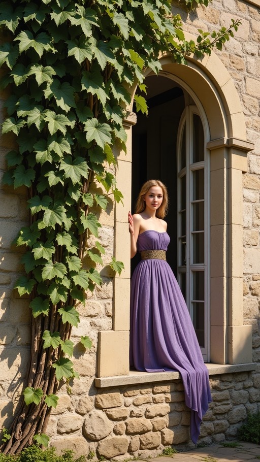 A young woman in a long purple strapless dress stands in an arched stone doorway next to climbing green ivy.