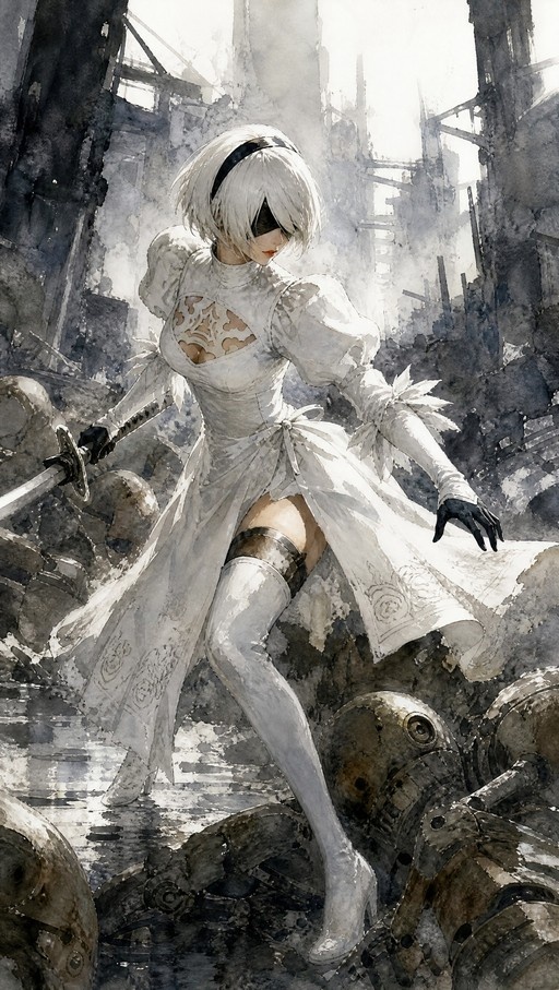 A watercolor illustration of the character 2B from Nier: Automata standing in ruins, wearing a white dress and black blindfold while holding a sword.