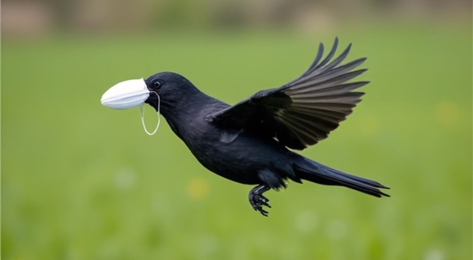 A black crow flying with wings spread wide holds a white surgical mask in its beak against a blurred green field.
