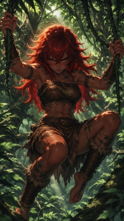 A muscular red-haired woman in tribal leather gear swings from jungle vines, looking down with yellow eyes amidst dense green foliage and dappled sunlight.