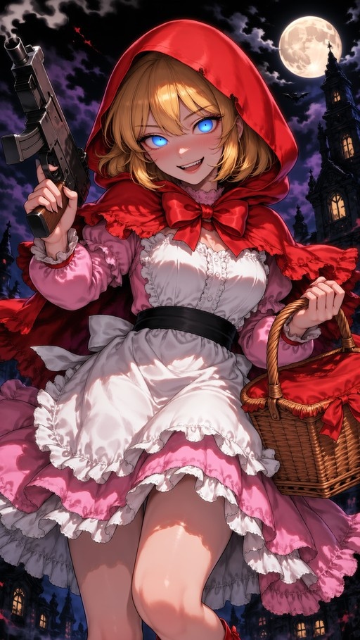 Anime-style Little Red Riding Hood in a red hood and pink dress holding a smoking submachine gun and a wicker basket under a full moon.