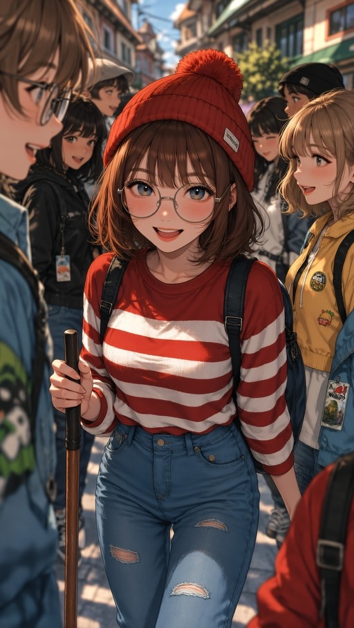 An anime-style illustration of a smiling young woman with brown hair and round glasses wearing a red beanie and a red-and-white striped shirt while holding a walking stick on a city street.