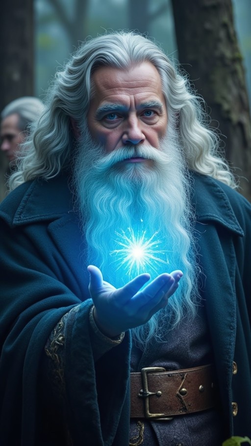 An elderly wizard with long white hair and a beard holds a glowing blue magical light in his hand while standing in a forest.