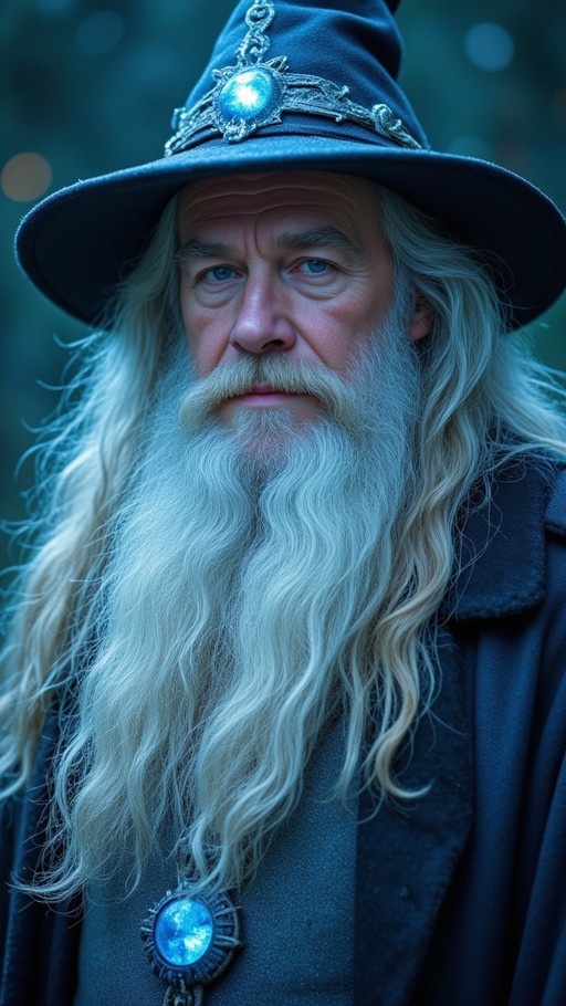 A realistic portrait of an elderly wizard with long white hair and beard, wearing a dark blue pointed hat with a glowing blue gem and a matching necklace pendant.