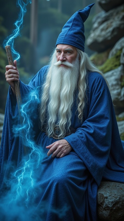 An elderly wizard with long white hair and a beard sits on a rock wearing a blue pointed hat and robe, holding a wooden staff with swirling blue magic energy around it.