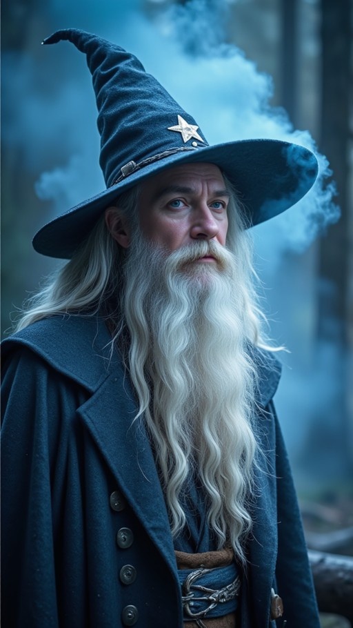 A portrait of an elderly wizard with a long white beard and blue eyes, wearing a tall blue hat with a star.