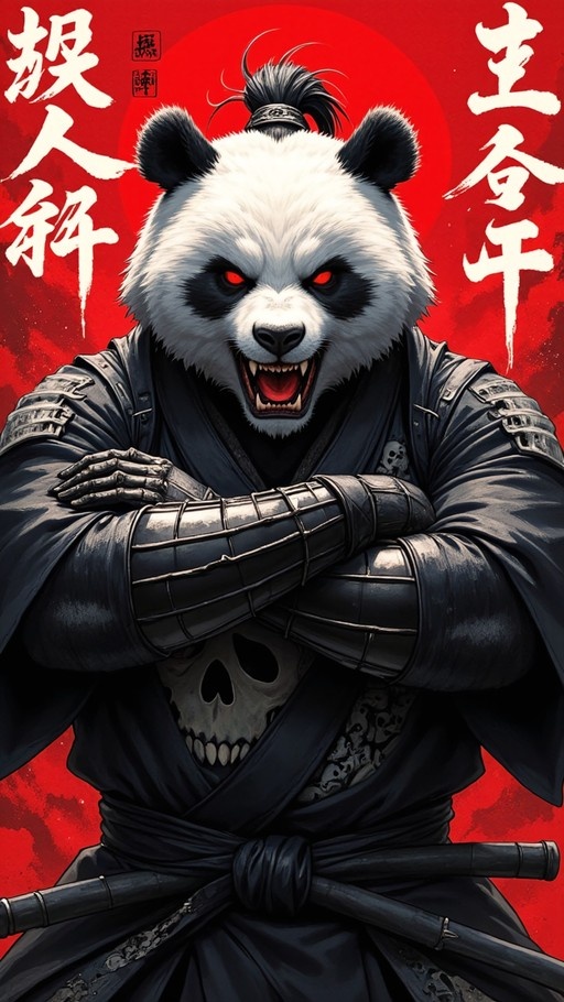 A fierce anthropomorphic panda samurai with glowing red eyes and sharp fangs stands with crossed arms wearing black lacquered armor featuring a large skull emblem on the chest against a vibrant red background with Japanese calligraphy.
