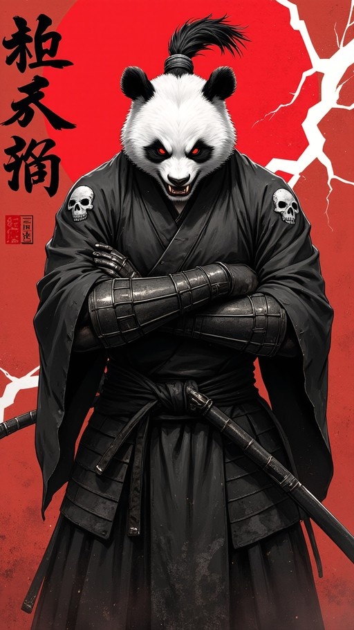 Anthropomorphic panda samurai with glowing red eyes and fangs, wearing black kimono and armor with skull patches, standing with crossed arms against a red background.