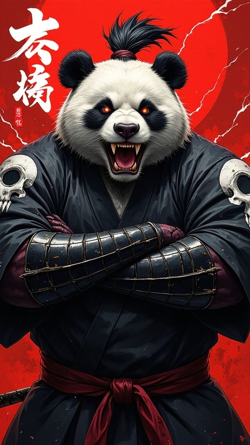 A fierce anthropomorphic panda samurai with glowing red eyes and sharp fangs stands with crossed arms against a red background, wearing a black kimono with skull shoulder pads and armored bracers.
